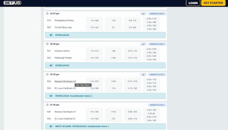 An image of the betting screen from BetUS, a popular online sportsbook in Pennsylvania.